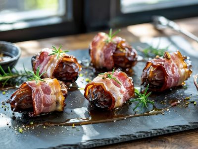 Bacon wrapped dates appetizer on slate platter with herbs and honey drizzle, gourmet finger food arrangement with dipping sauces, professional food photography with natural lighting, culinary arts pr