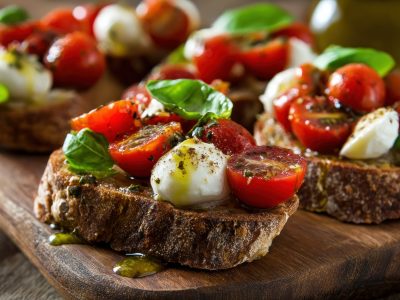 Fresh Italian bruschetta with toasted rustic bread, topped with ripe cherry tomatoes, fresh mozzarella, basil leaves, and a drizzle of olive oil, arranged on a wooden serving board, vibrant red, green, and white colors --ar 16:9 --v 7 Job ID: 871b8a5f-76fb-489c-b901-ecb7c33dc844